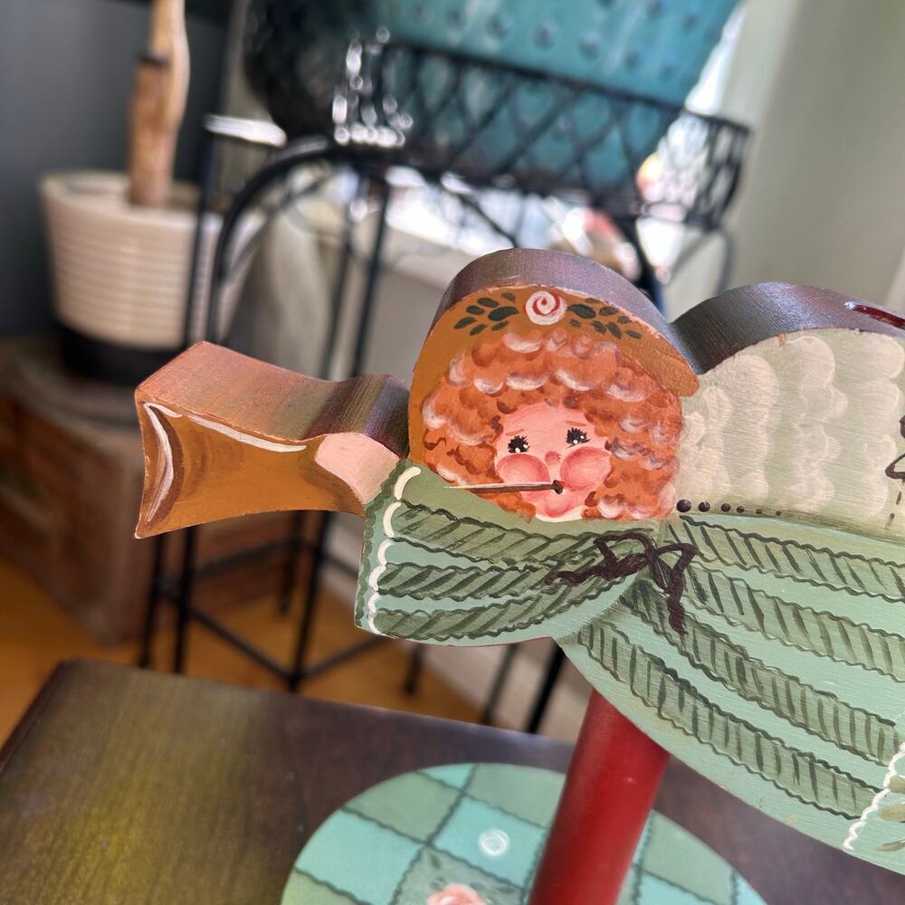 Vintage hand carved wood wooden folk art hand painted angel candle holder - Picture 12 of 15